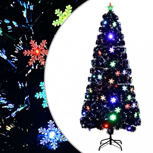  fekete száloptikás karácsonyfa LED-es hópelyhekkel 180 cm