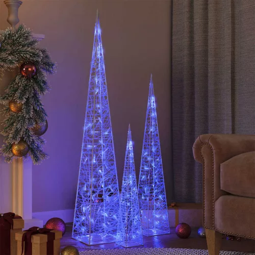 Kék fényű LED-es akril díszfénykúpszett 60/90/120 cm