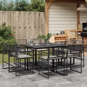   9 részes fekete polyrattan kerti étkezőgarnitúra párnákkal