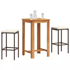   3 részes barna tömör akácfa és polyrattan kerti bárszett