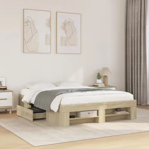sonoma tölgy színű szerelt fa ágykeret matrac nélkül 140x190 cm