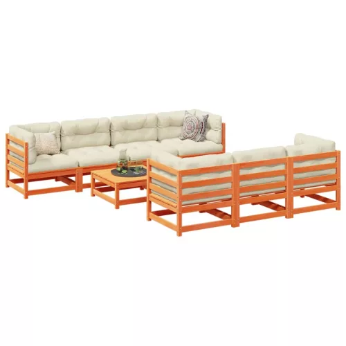 8 részes viaszbarna tömör fenyőfa kerti ülőgarnitúra párnákkal