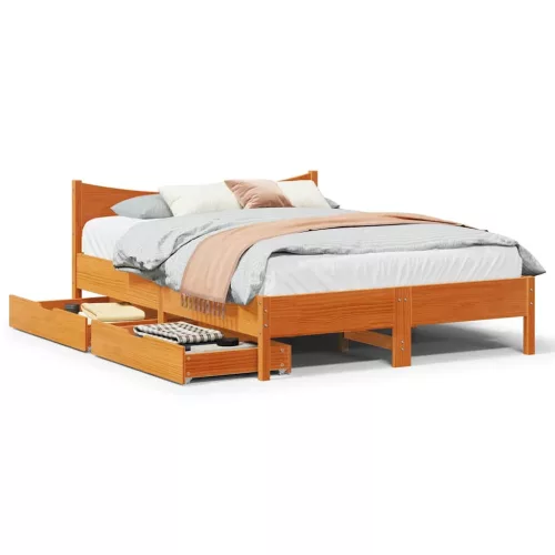 viaszbarna tömör fenyőfa ágykeret fiókokkal 140 x 200 cm