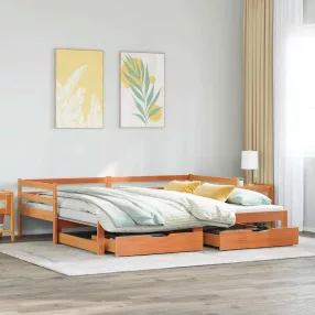   viaszbarna tömör fenyőfa kihúzható kanapéágy fiókkal 90x190cm
