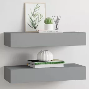   2 db szürke MDF falra szerelhető fiókos polc 60 x 23,5 x 10 cm