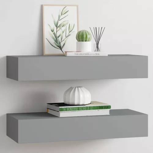 2 db szürke MDF falra szerelhető fiókos polc 60 x 23,5 x 10 cm