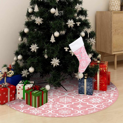fényűző rózsaszín szövet karácsonyfatalp-takaró zoknival 150 cm