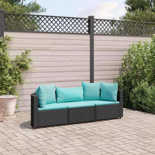 3 részes fekete polyrattan kerti ülőgarnitúra párnával