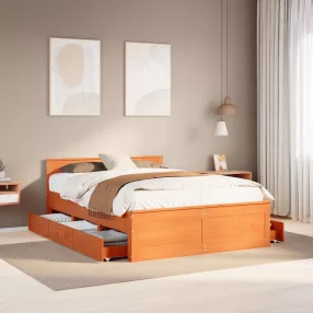   barna tömör fenyőfa fejtámlás ágykeret matrac nélkül 140x190 cm