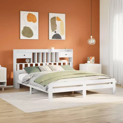 fehér tömör fenyőfa könyvespolcos ágy matrac nélkül 180x200 cm