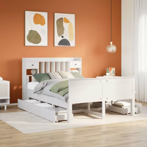 vidaXL fehér tömör fenyőfa könyvespolcos ágy matrac nélkül 140x200 cm