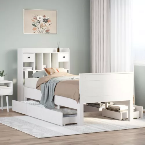 fehér tömör fenyőfa könyvespolcos ágy matrac nélkül 90 x 200 cm