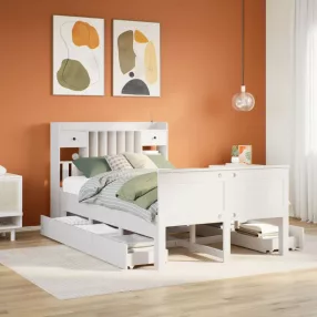   vidaXL fehér tömör fenyőfa könyvespolcos ágy matrac nélkül 135x190 cm