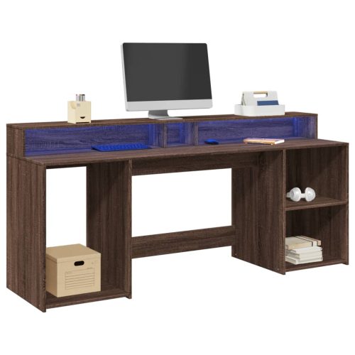 barna tölgy színű szerelt fa íróasztal LED-ekkel 200x55x91 cm