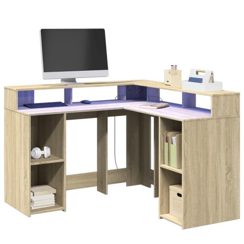 sonoma tölgy színű szerelt fa íróasztal LED-ekkel 130x130x91 cm