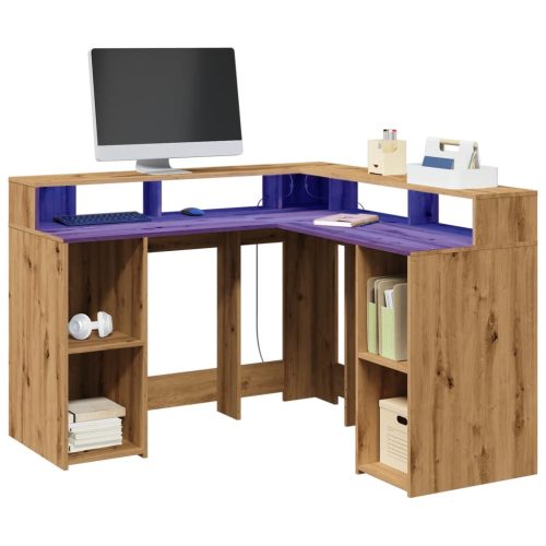 kézműves tölgy színű szerelt fa LED-es íróasztal 130x130x91 cm