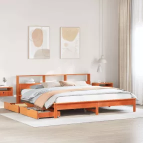   barna tömör fenyőfa könyvespolcos ágy matrac nélkül 180 x 200cm