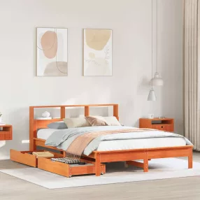   vidaXL barna tömör fenyőfa könyvespolcos ágy matrac nélkül 140 x 190cm