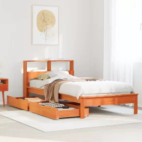   barna tömör fenyőfa könyvespolcos ágy matrac nélkül 90 x 190 cm