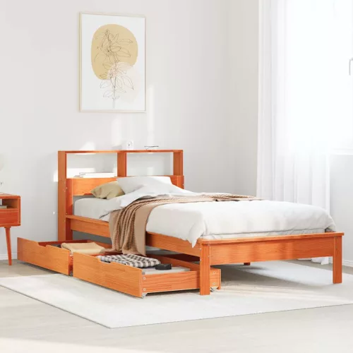 barna tömör fenyőfa könyvespolcos ágy matrac nélkül 90 x 190 cm