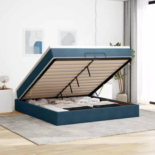 vidaXL Ottomán ágykeret matracokkal Sötétkék 200x200cm bársony