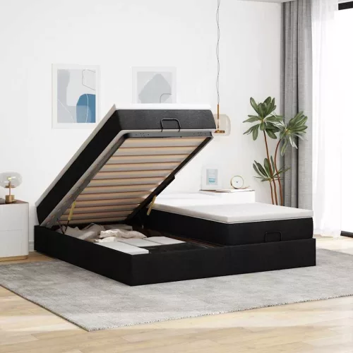Ottomán ágykeret matracokkal Fekete 160x200cm szövet