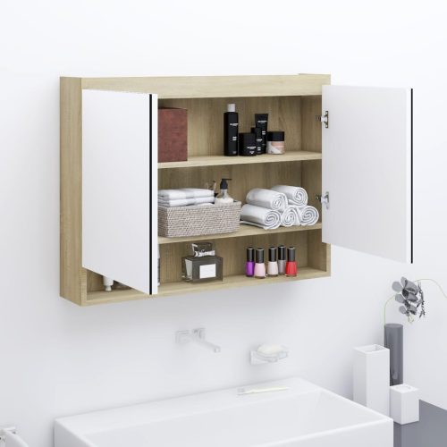 fényes és tölgy MDF tükrös fürdőszobaszekrény 80 x 15 x 60 cm