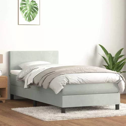 világosszürke bársony rugós és LED-es ágy matraccal 90x210 cm