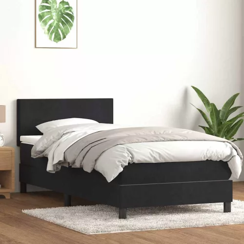fekete bársony rugós és LED-es ágy matraccal 90x210 cm