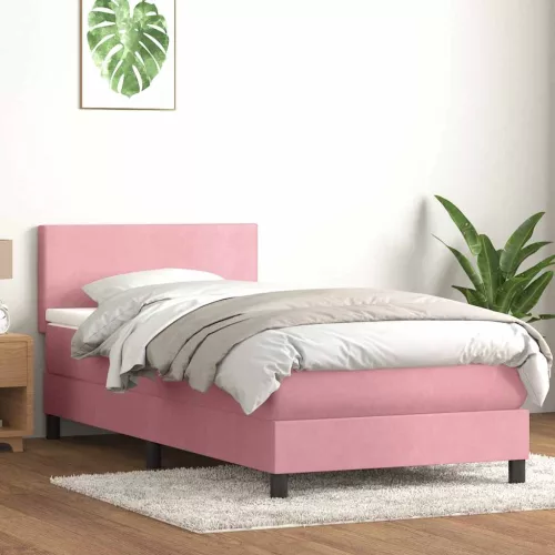 rózsaszín bársony rugós és LED-es ágy matraccal 90x210 cm