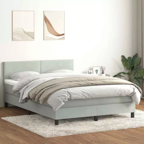 világosszürke bársony rugós és LED-es ágy matraccal 160x210 cm