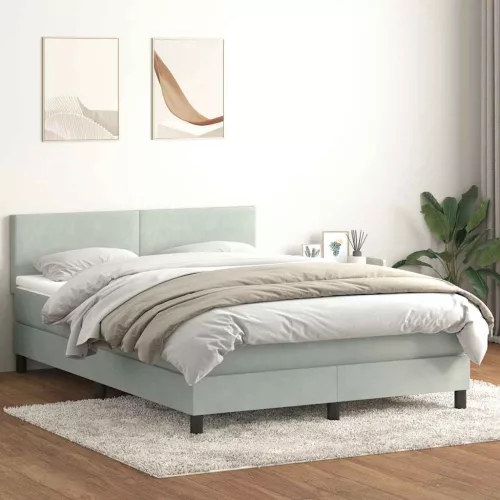 világosszürke bársony rugós és LED-es ágy matraccal 160x220 cm