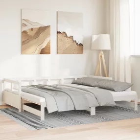   fehér tömör fenyőfa kihúzható kanapéágy matracokkal 90 x 200 cm