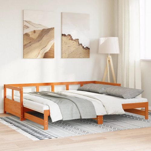 viaszbarna tömör fenyő kihúzható kanapéágy matracokkal 90x200cm