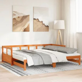   viaszbarna tömör fenyő kihúzható kanapéágy matracokkal 90x190cm