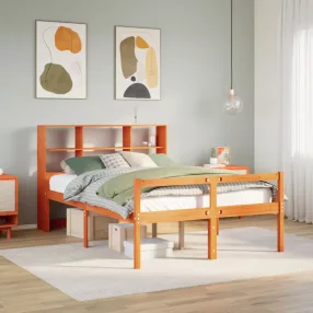   vidaXL viaszbarna tömör fa könyvespolcos ágy matrac nélkül 160 x 200cm