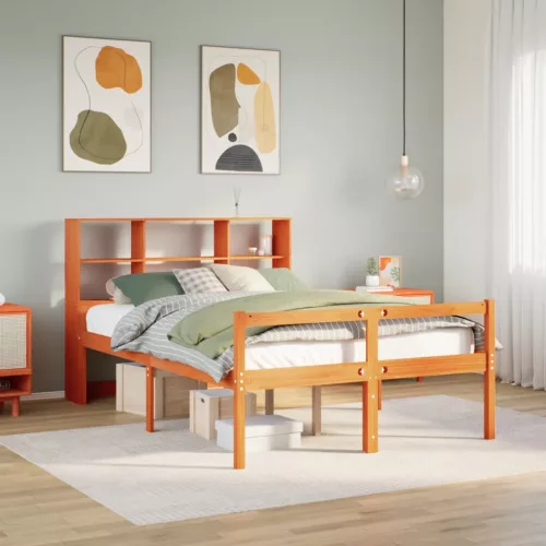 vidaXL viaszbarna tömör fa könyvespolcos ágy matrac nélkül 160 x 200cm
