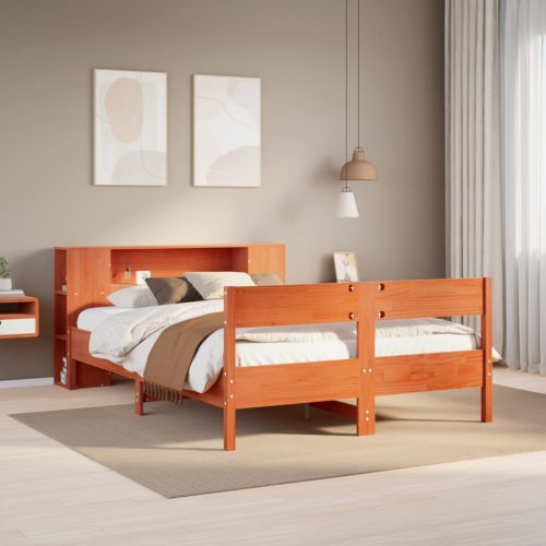 barna tömör fenyőfa könyvespolcos ágy matrac nélkül 120 x 200cm