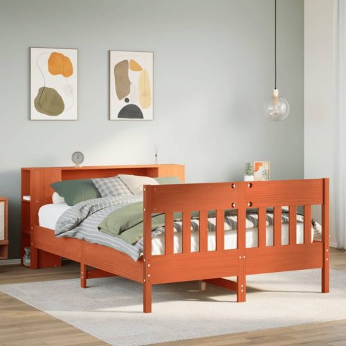 barna tömör fenyőfa könyvespolcos ágy matrac nélkül 150 x 200cm