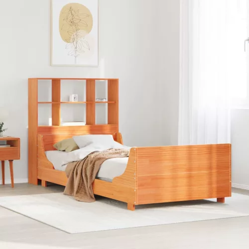 vidaXL viaszbarna tömör fa könyvespolcos ágy matrac nélkül 100 x 200cm