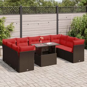   10 részes barna polyrattan akácfa kerti ülőgarnitúra párnákkal