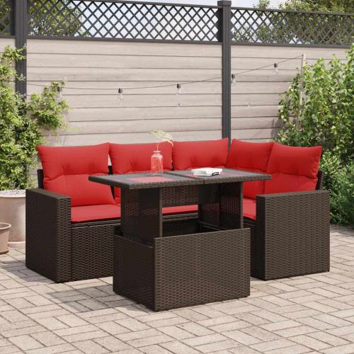 5 részes barna polyrattan akácfa kerti ülőgarnitúra párnával