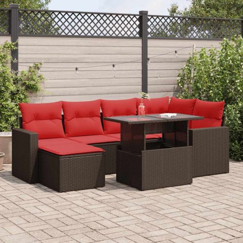 7 részes barna polyrattan akácfa kerti ülőgarnitúra párnákkal