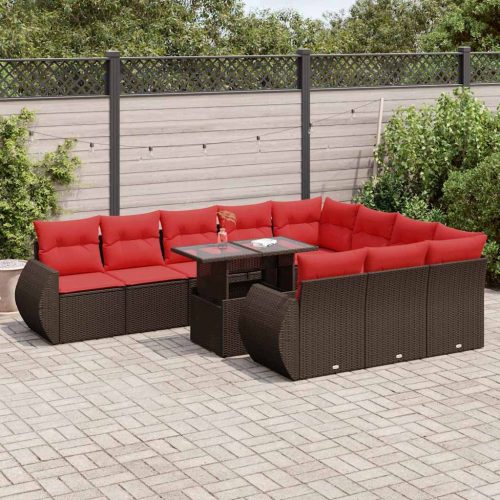 11 részes barna polyrattan akácfa kerti ülőgarnitúra párnákkal