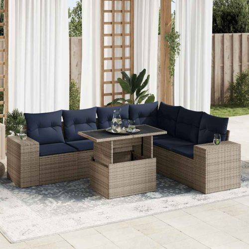 14 részes szürke polyrattan akácfa kerti ülőgarnitúra párnákkal