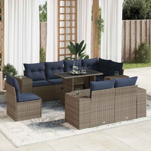 16 részes szürke polyrattan akácfa kerti ülőgarnitúra párnákkal
