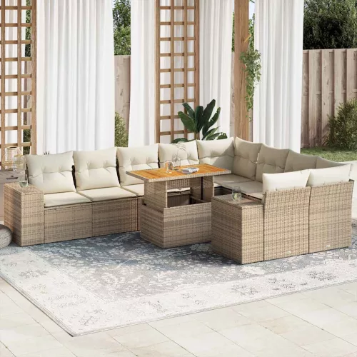 10 részes bézs polyrattan akácfa kerti ülőgarnitúra párnával