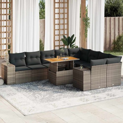 10 részes szürke polyrattan akácfa kerti ülőgarnitúra párnákkal