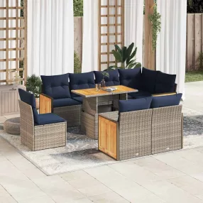   9 részes szürke polyrattan akácfa kerti ülőgarnitúra párnákkal