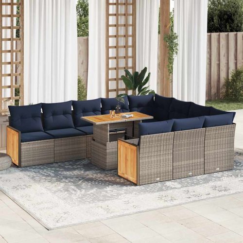 11 részes szürke polyrattan akácfa kerti ülőgarnitúra párnákkal